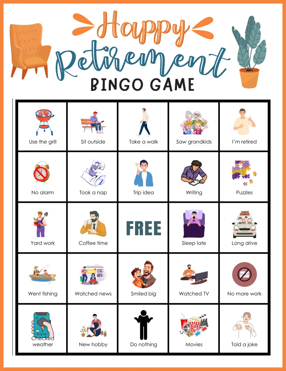 Retirement bingo card: guests listen for calls like Use the grill, Sit outside, Take a walk and Saw grandkids