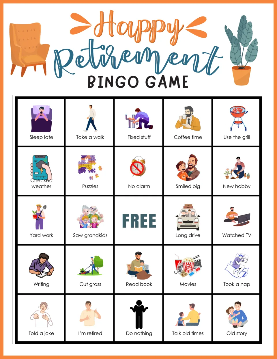 Retirement bingo card opening with Sleep late, Take a walk, Fixed stuff and Coffee time pictures for marking