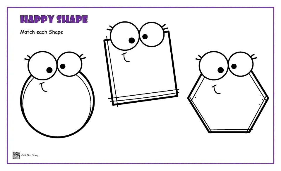 Shape matching: students match cut-outs to smiling circle, square and hexagon outlines to practise shape recognition
