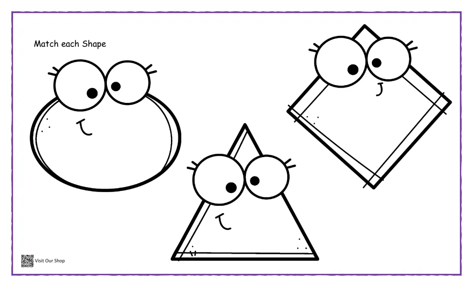 Matching mat: students place pieces on outlined oval, triangle and diamond characters with googly eyes