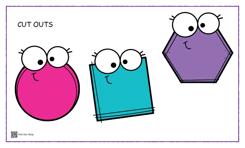 Cut outs: pink circle, teal square and purple hexagon with smiling faces for students to cut and match to outlines