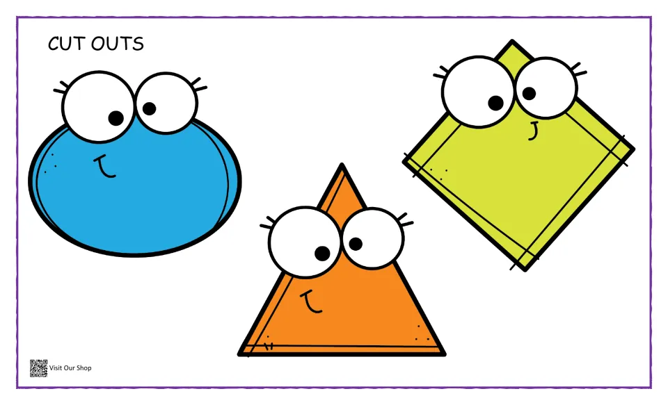 Cut outs: blue oval, orange triangle and green diamond characters to cut out and place on the matching outlines
