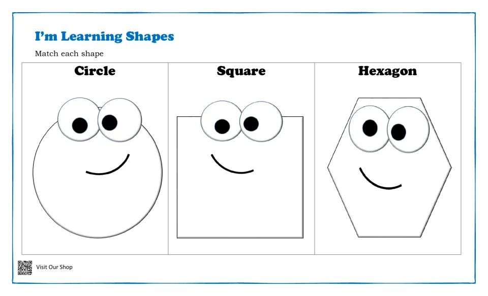 I'm Learning Shapes mat: students match shapes to a smiling circle, square and hexagon, each labeled with its name