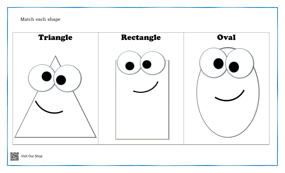 Shape matching mat: students match pieces to a labeled triangle, rectangle and oval, each with googly eyes and a smile