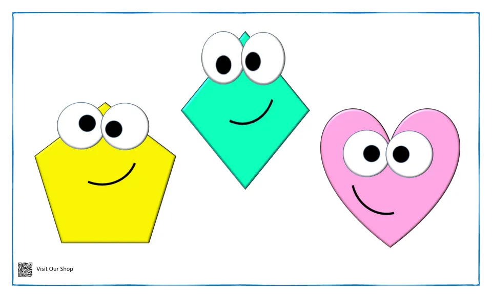 Colored shape pieces to match: a yellow pentagon, teal diamond and pink heart, each with big eyes and a smile, no labels