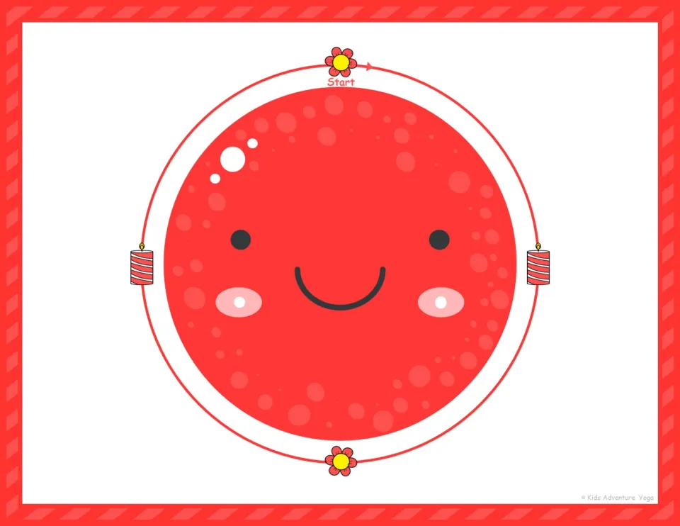 Red smiling circle breathing card: students trace the path from Start, pausing at two flower and two candle markers