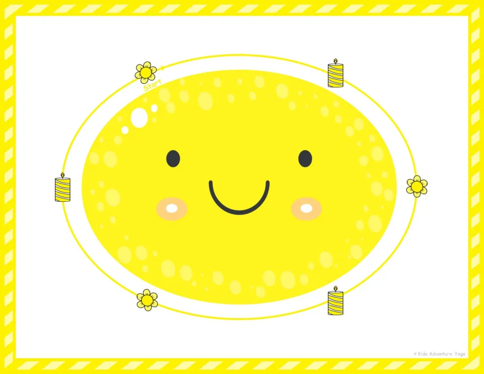 Yellow oval with a happy face: children follow the loop from Start past three flowers and three candles while breathing