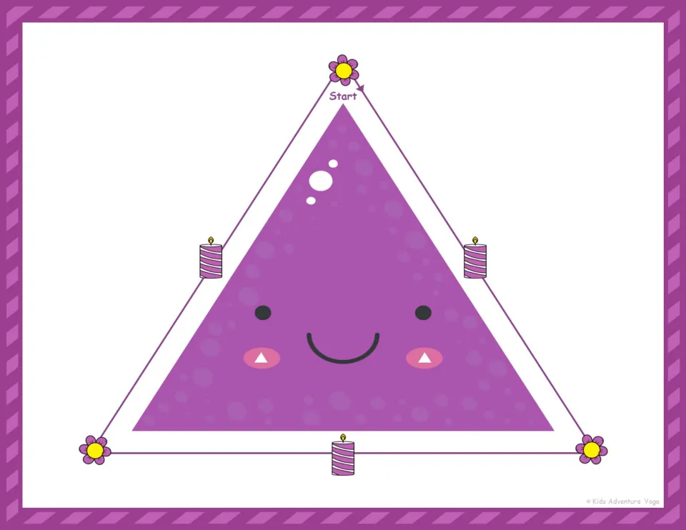 Purple triangle breathing trace: students trace each side from Start, passing three corner flowers and three candles
