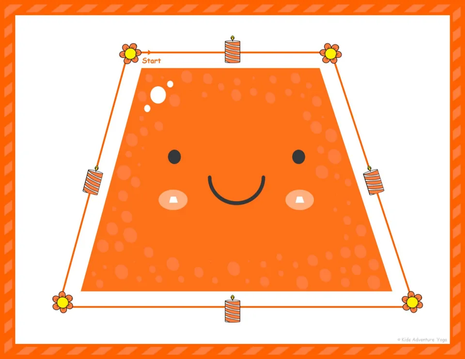 Orange trapezoid with a smile: kids trace its four sides from Start, meeting a flower at each corner and four candles