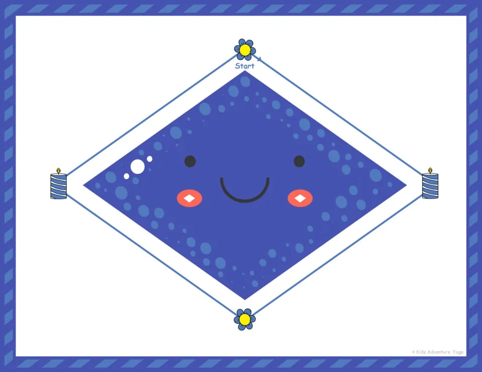 Blue rhombus face: learners trace the diamond outline from the top Start flower past side candles and a bottom flower