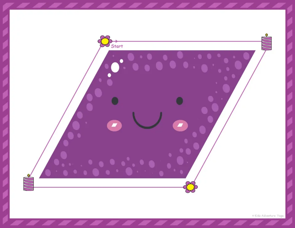 Purple parallelogram card: trace the slanted outline from Start, alternating two flower and two candle markers