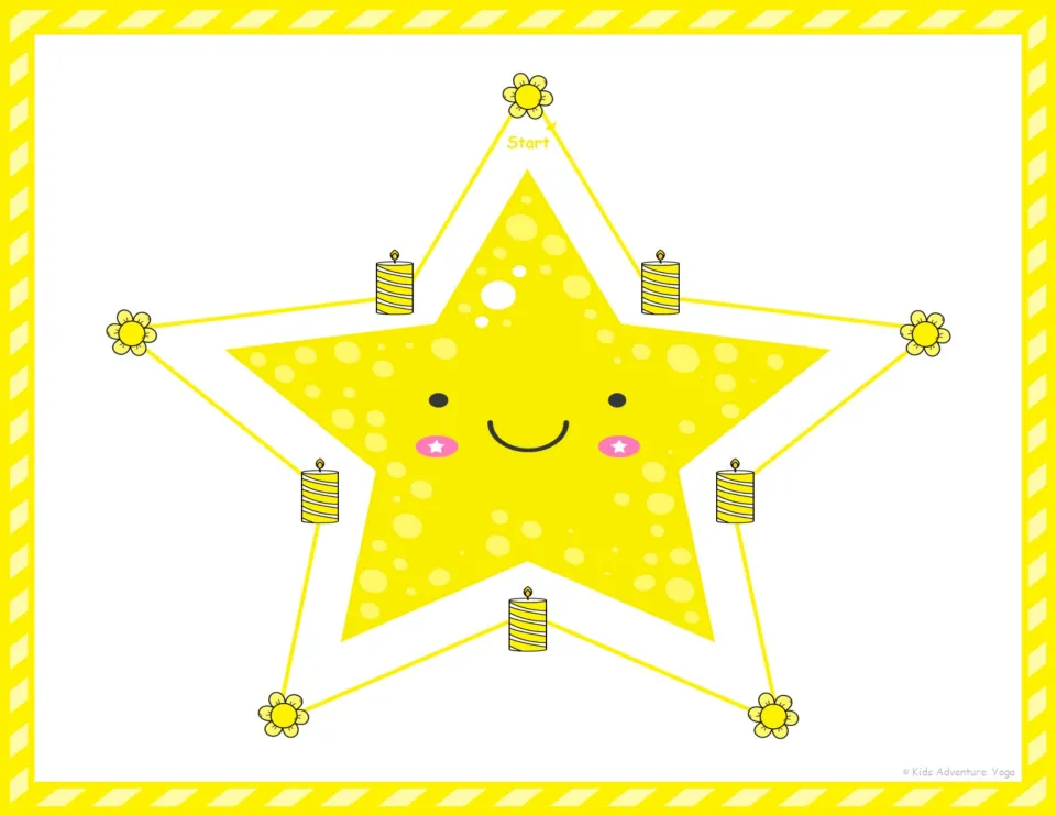 Yellow star breathing trace: students follow the outline from Start, with flowers on five points and candles in five dips