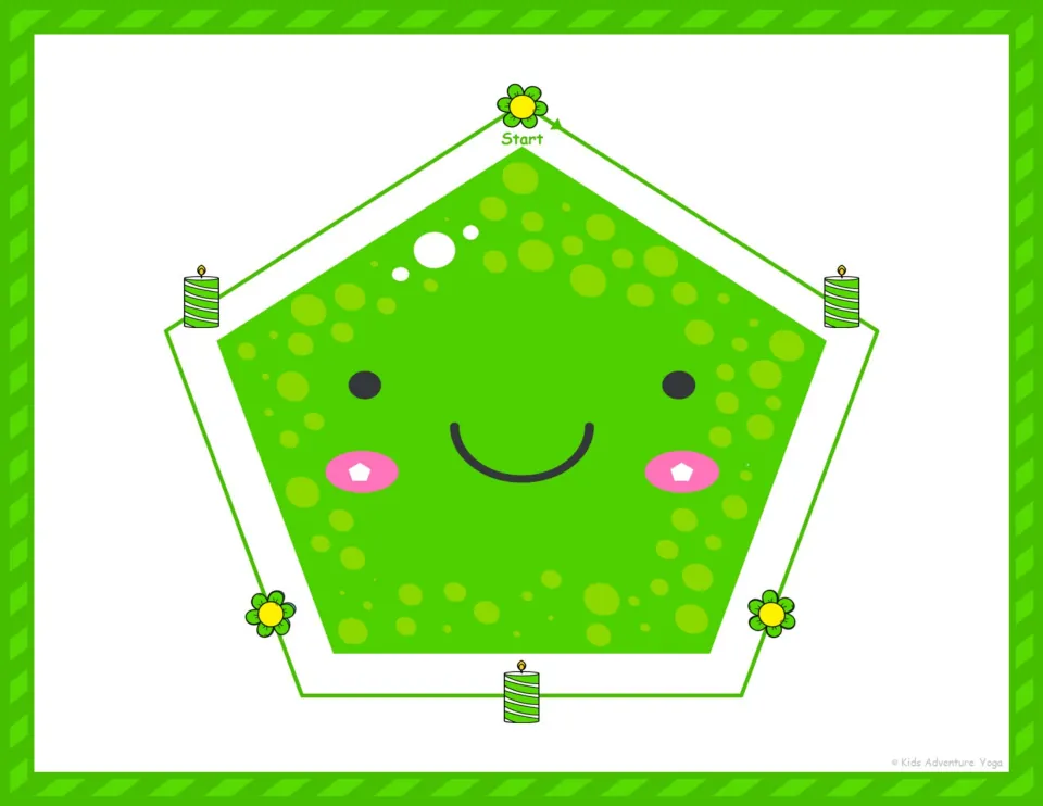 Green pentagon face: students trace five sides from Start, passing three flowers and three candles along the outline