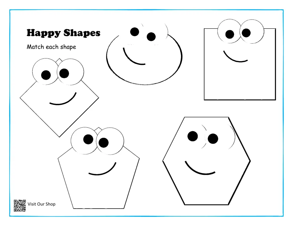 Happy Shapes matching: students match smiling rhombus, oval, square, pentagon and hexagon outlines with googly eyes