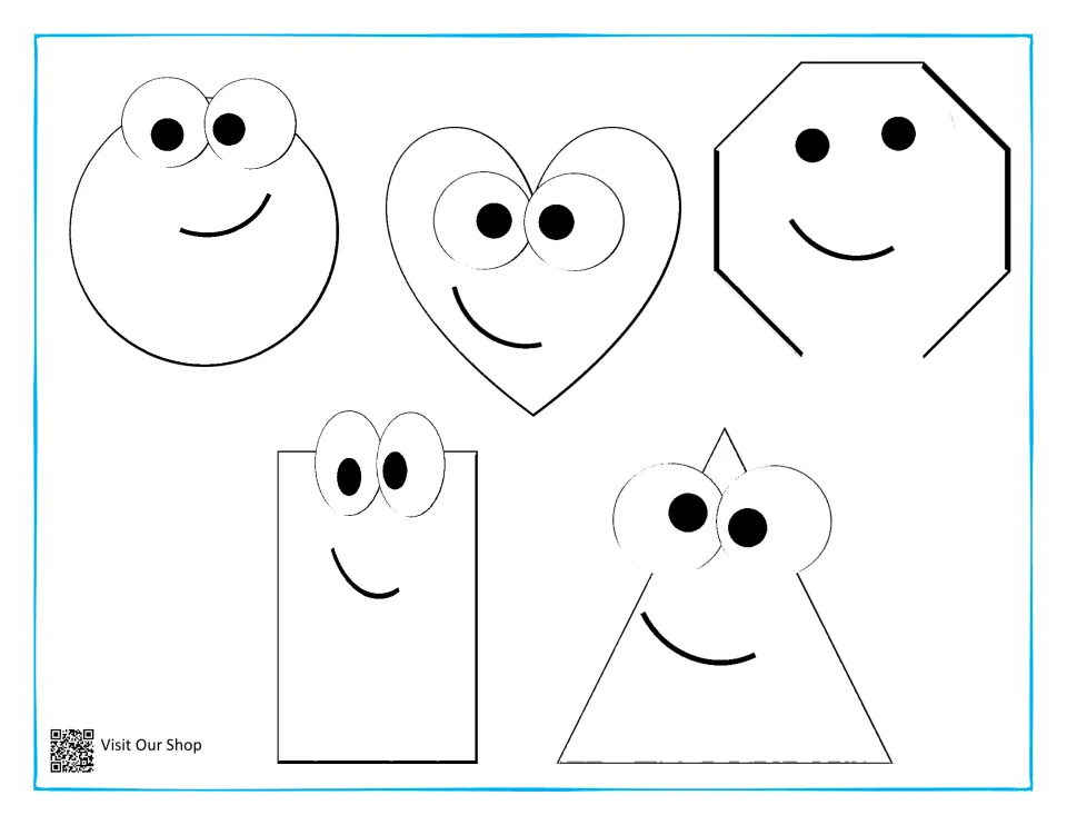 Shape matching continued: smiling circle, heart, octagon, rectangle and triangle outlines for students to match
