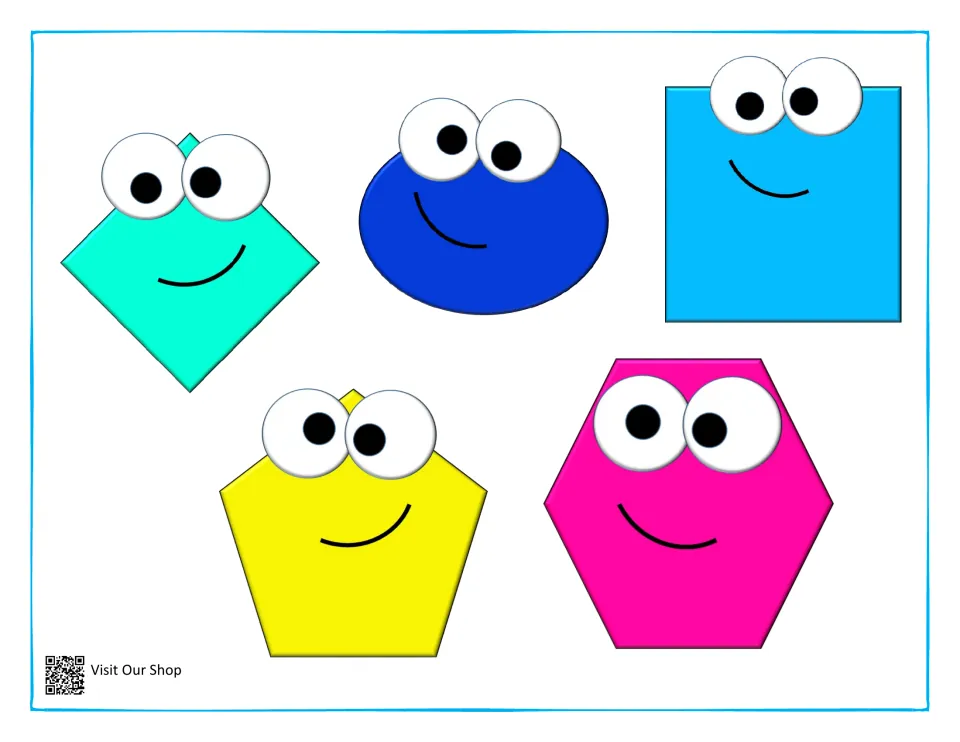 Colored smiling shapes to match: teal rhombus, blue oval, light blue square, yellow pentagon and pink hexagon