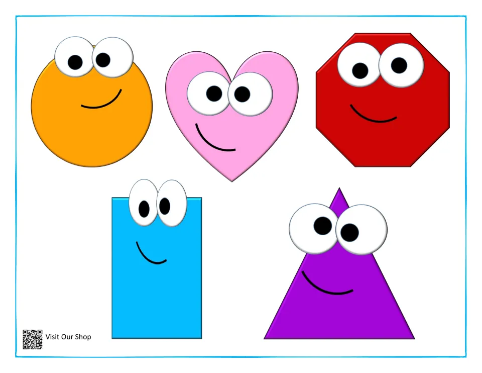 Colored smiling shapes to match: orange circle, pink heart, red octagon, blue rectangle and purple triangle