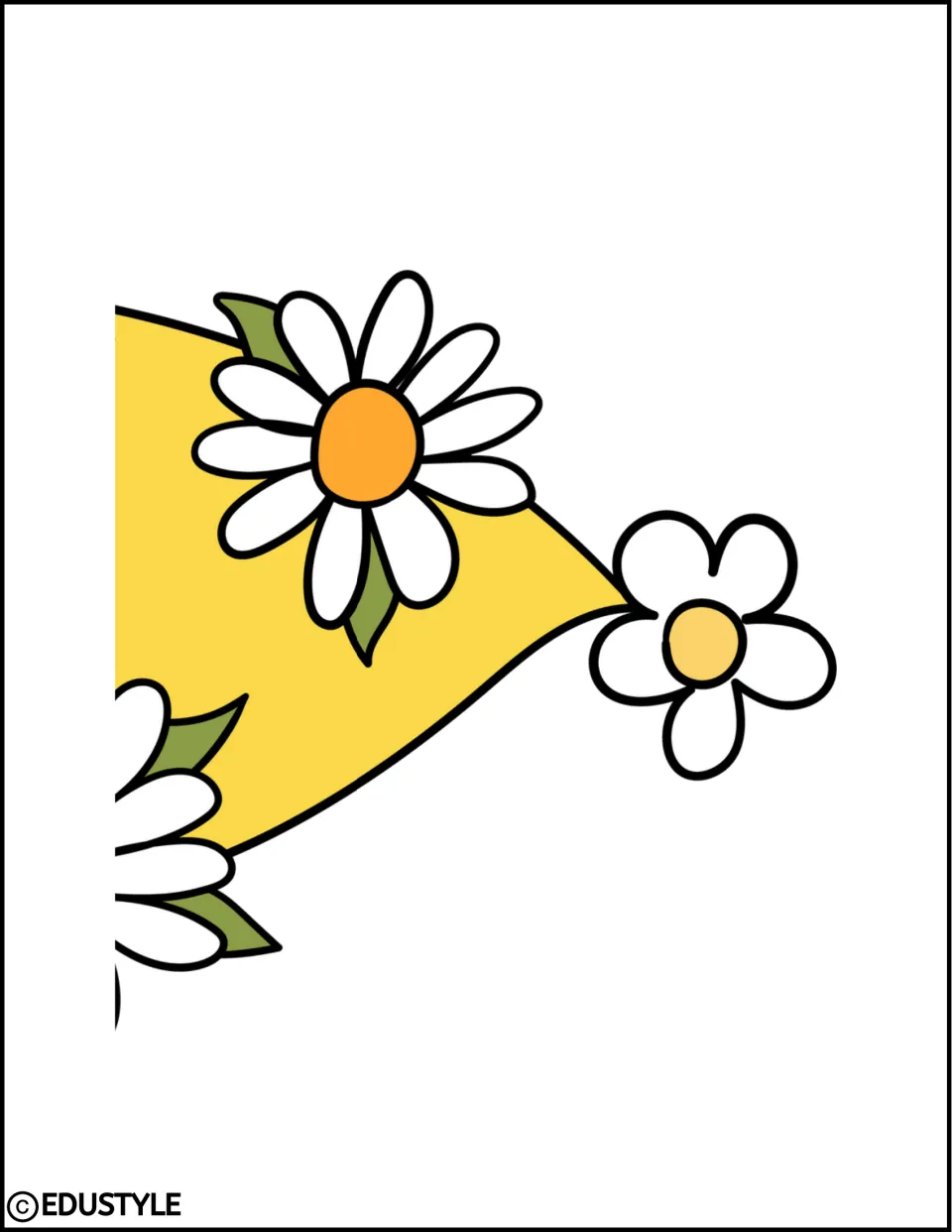 Enlarged spring gnome cutout, second section: pointed yellow hat decorated with white flowers and green leaves