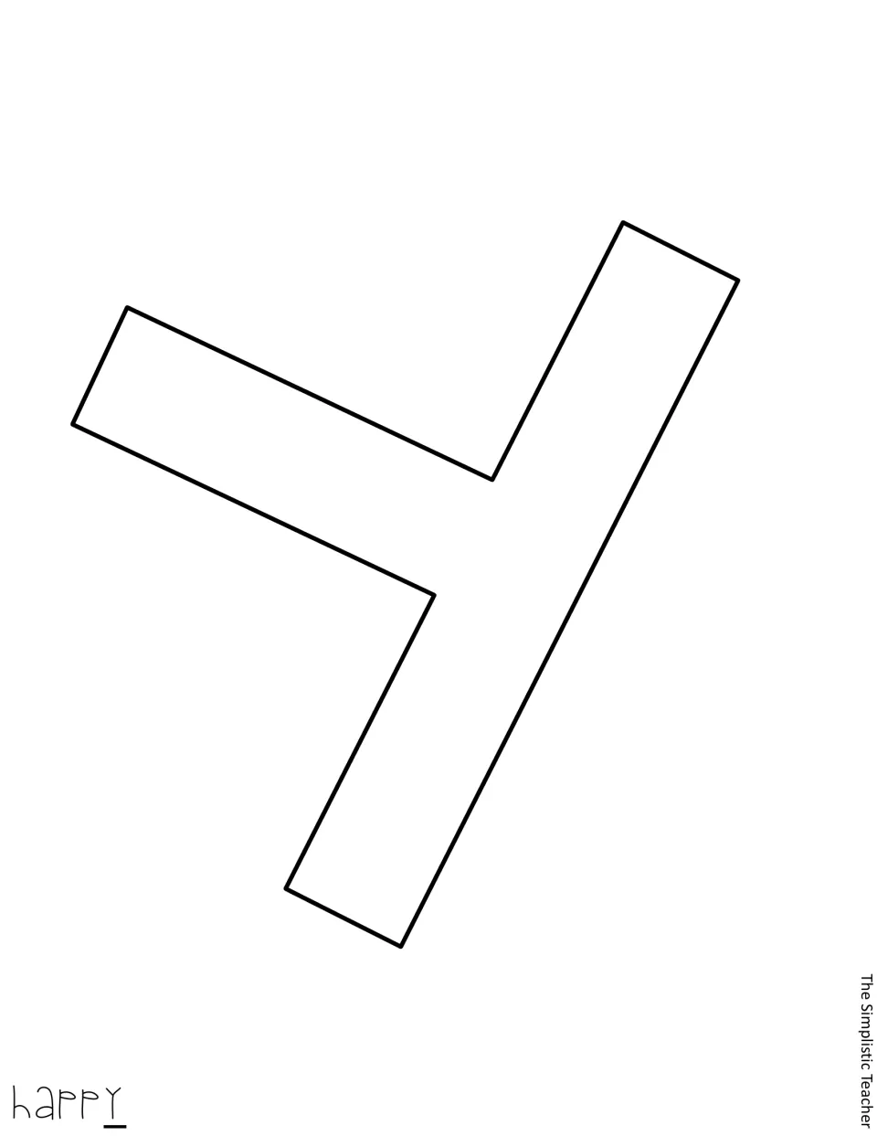 Letter template for the word happy: one large outlined letter y, tilted on the sheet, to cut out and finish the word
