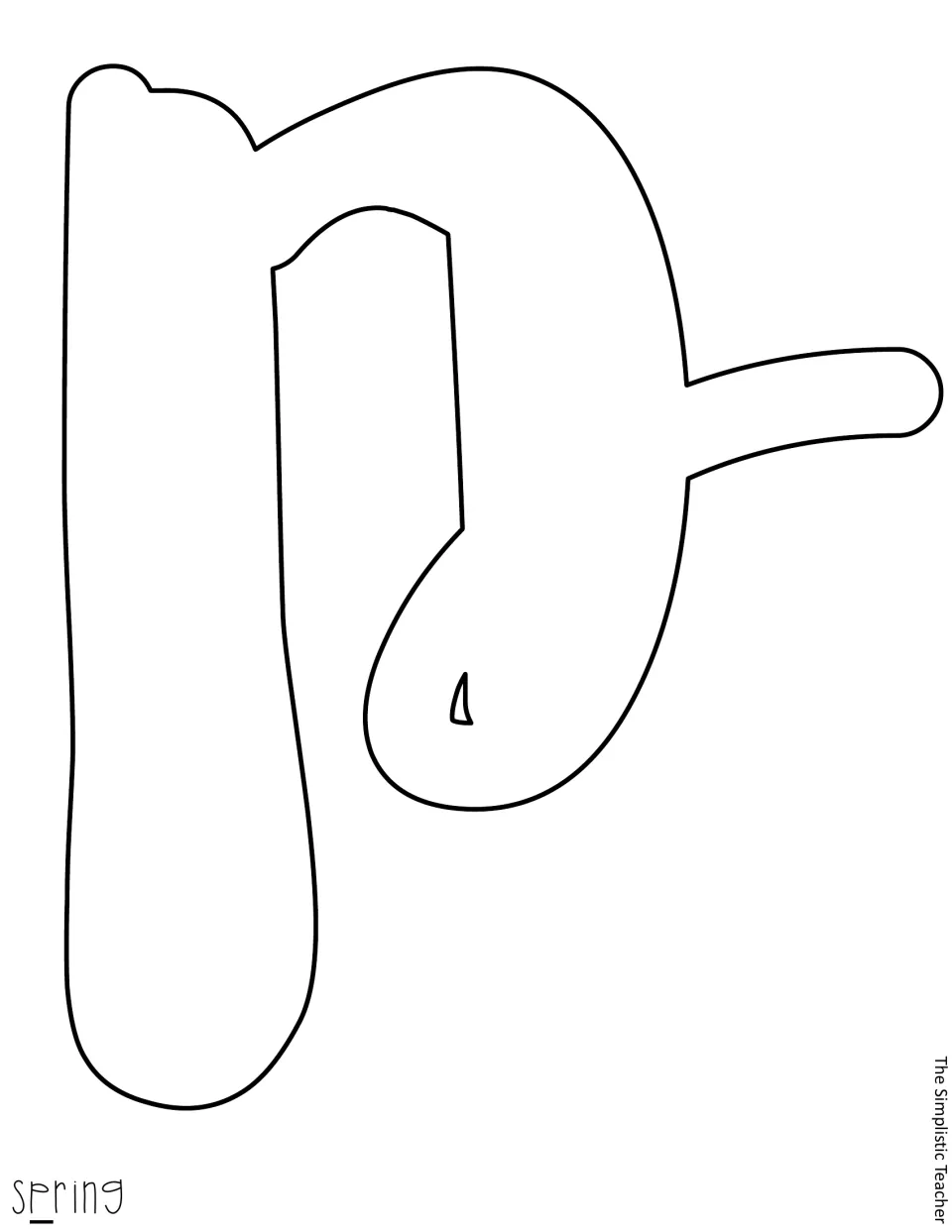 Letter template for the word spring: a large script letter p outline, rotated sideways, to cut out for the second line