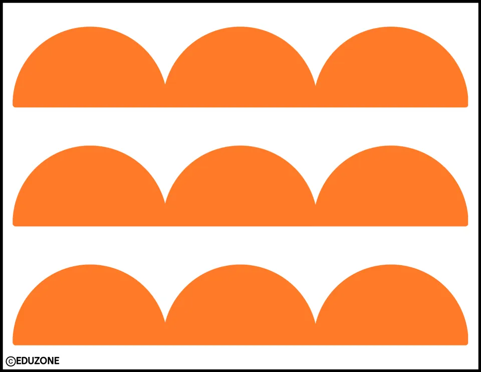 Three orange scalloped strips, each with three rounded scallops, for the Thanksgiving classroom decor kit