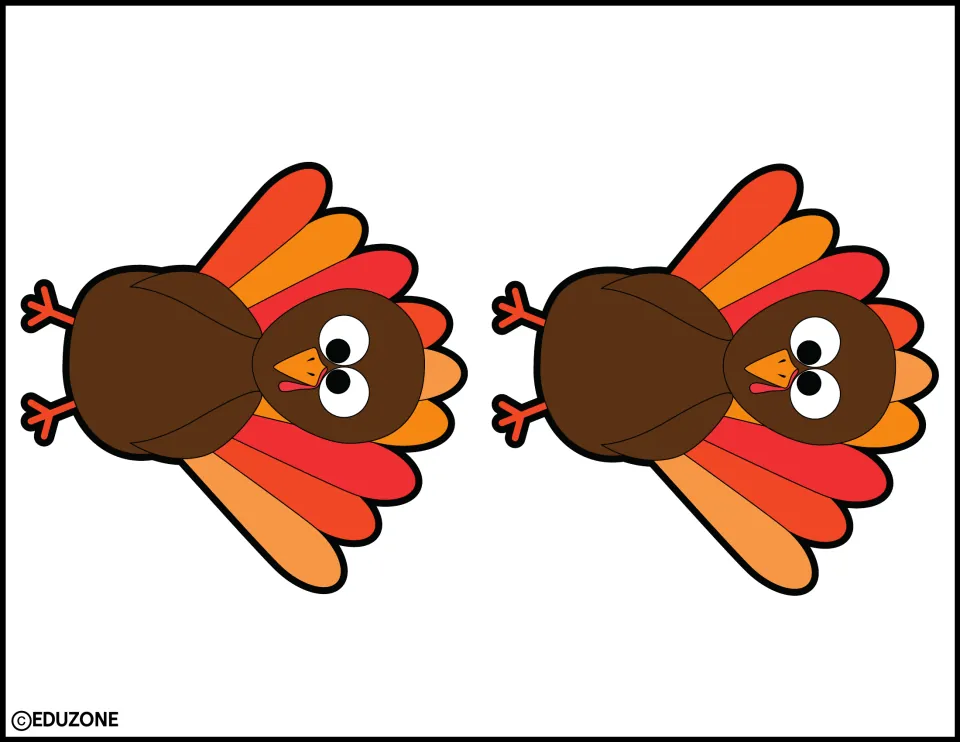 Two matching brown turkey cutouts with red and orange tail feathers for the Thanksgiving bulletin board kit
