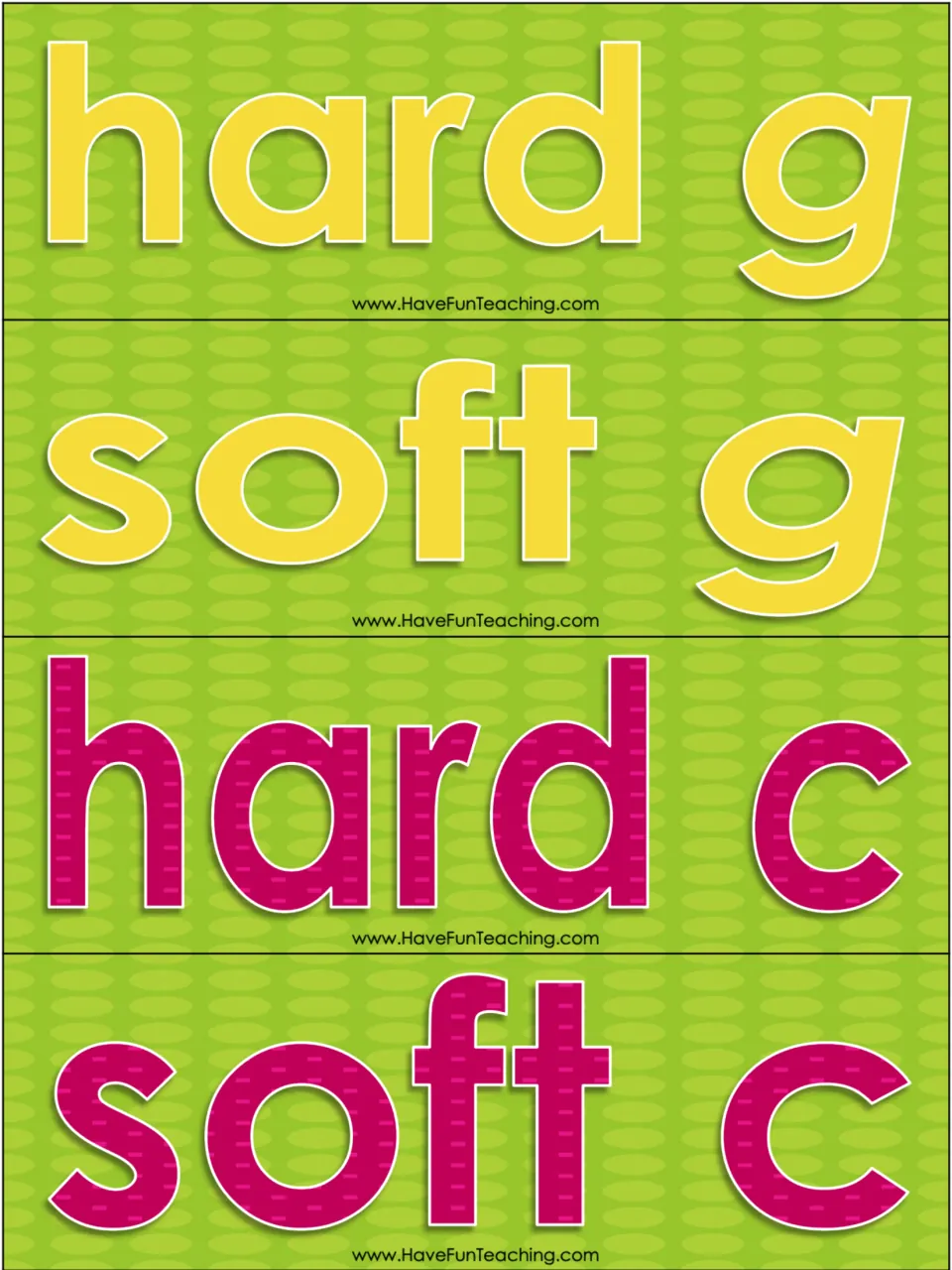 Sorting headings for hard g, soft g, hard c and soft c: four large label cards students sort the picture word cards under