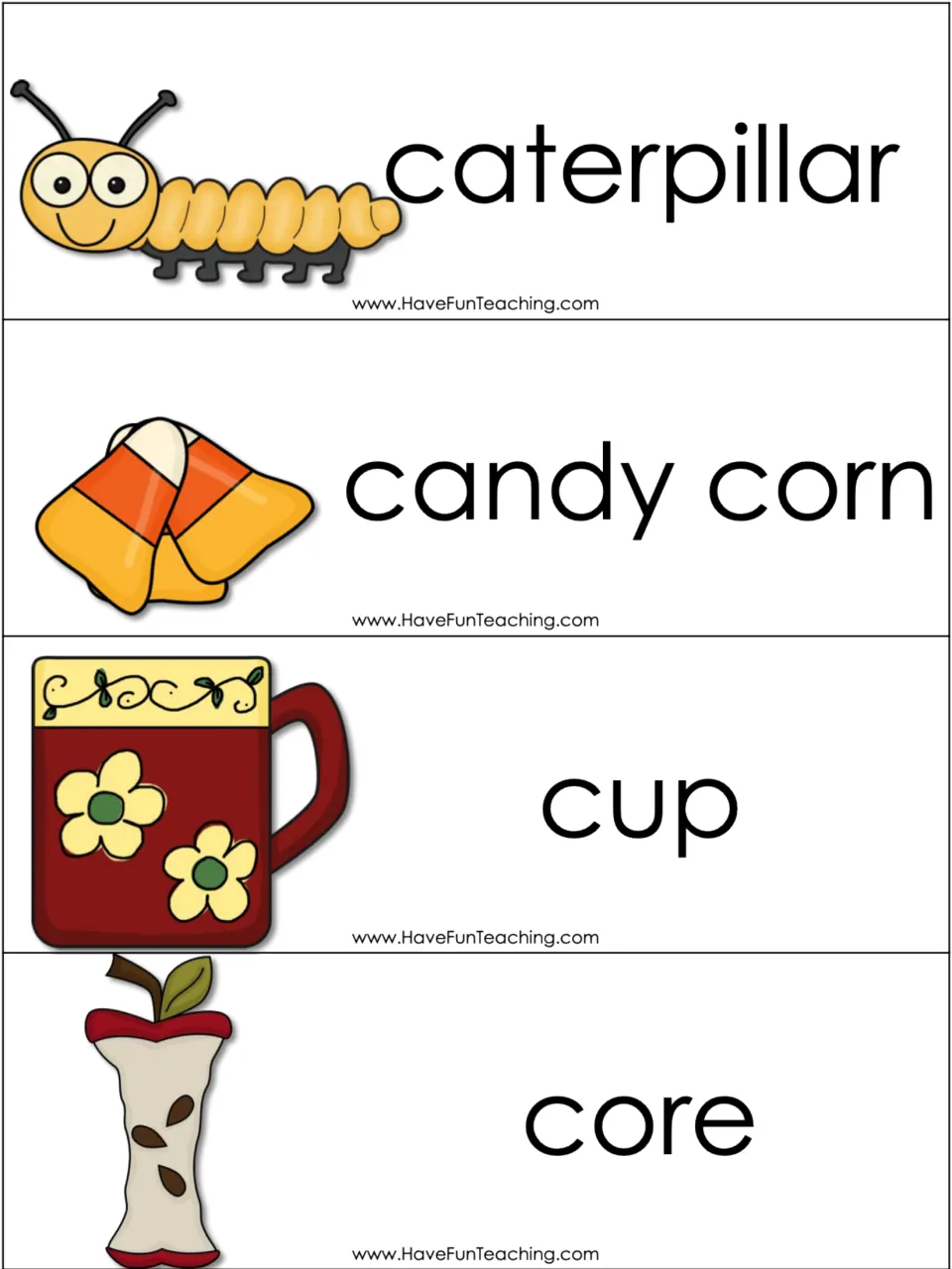 Hard c picture word cards: caterpillar, candy corn, cup and core for students to read aloud and sort by the c sound