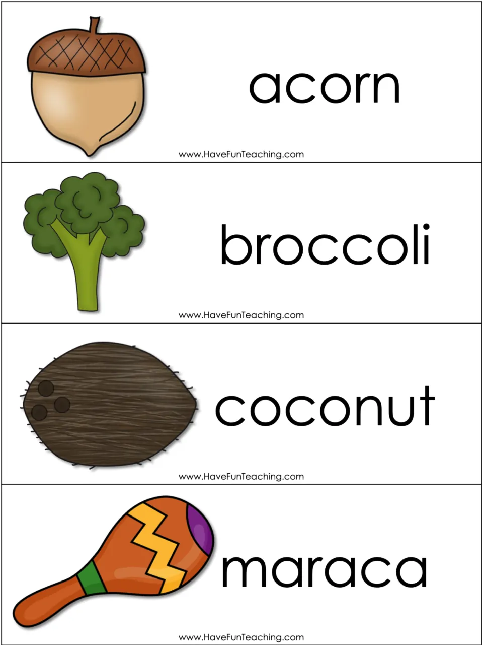 More hard c words: acorn, broccoli, coconut and maraca picture cards for students to read and sort under hard c