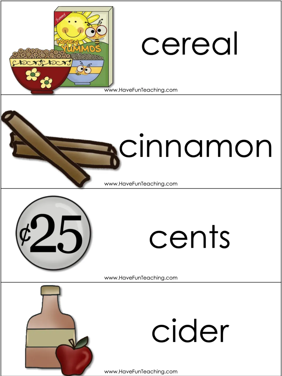 Soft c word cards: cereal, cinnamon, cents and cider, each pictured, for students to read and place under soft c