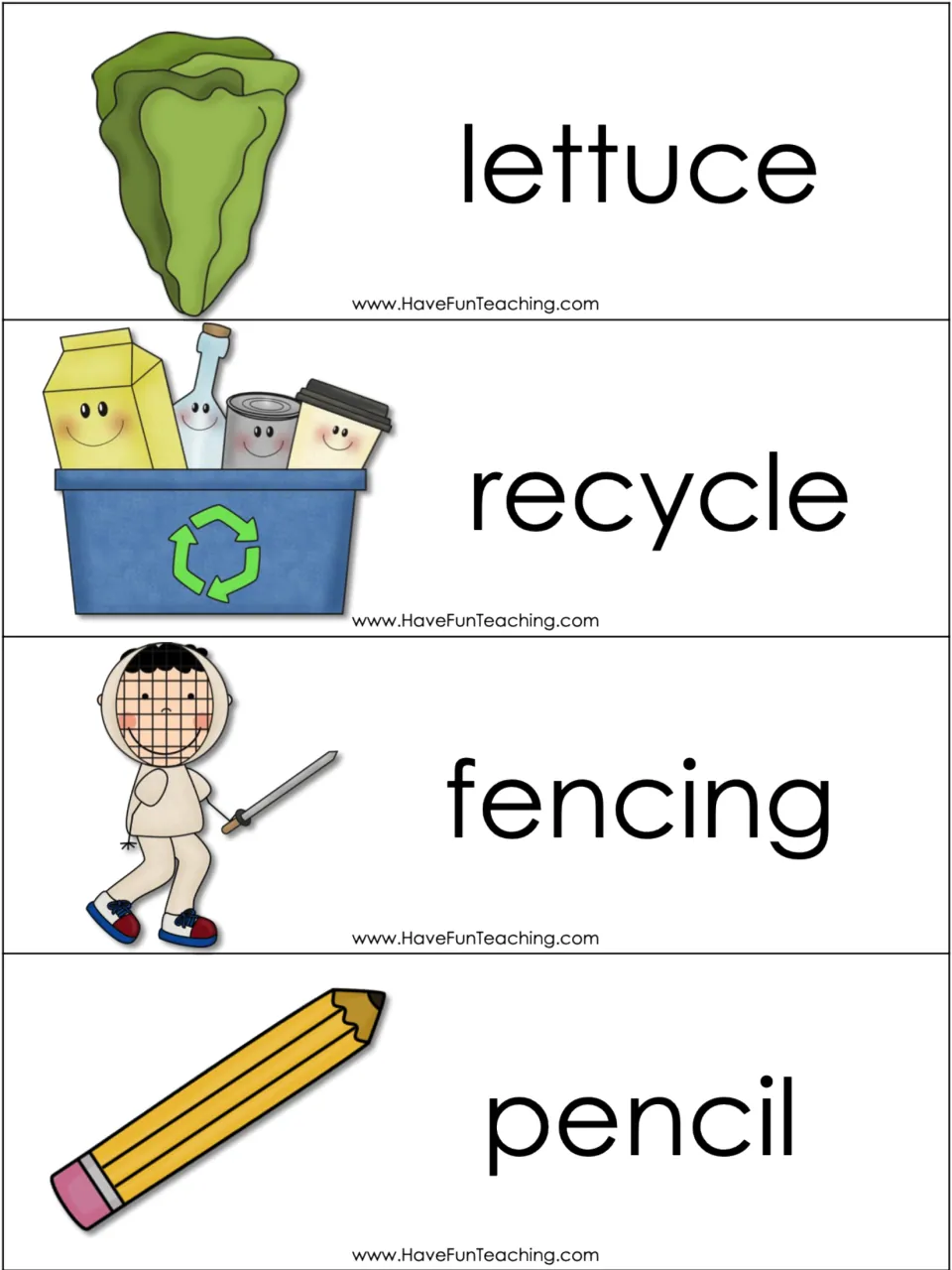Soft c in the middle or end: lettuce, recycle, fencing and pencil picture cards for students to sort by c sound