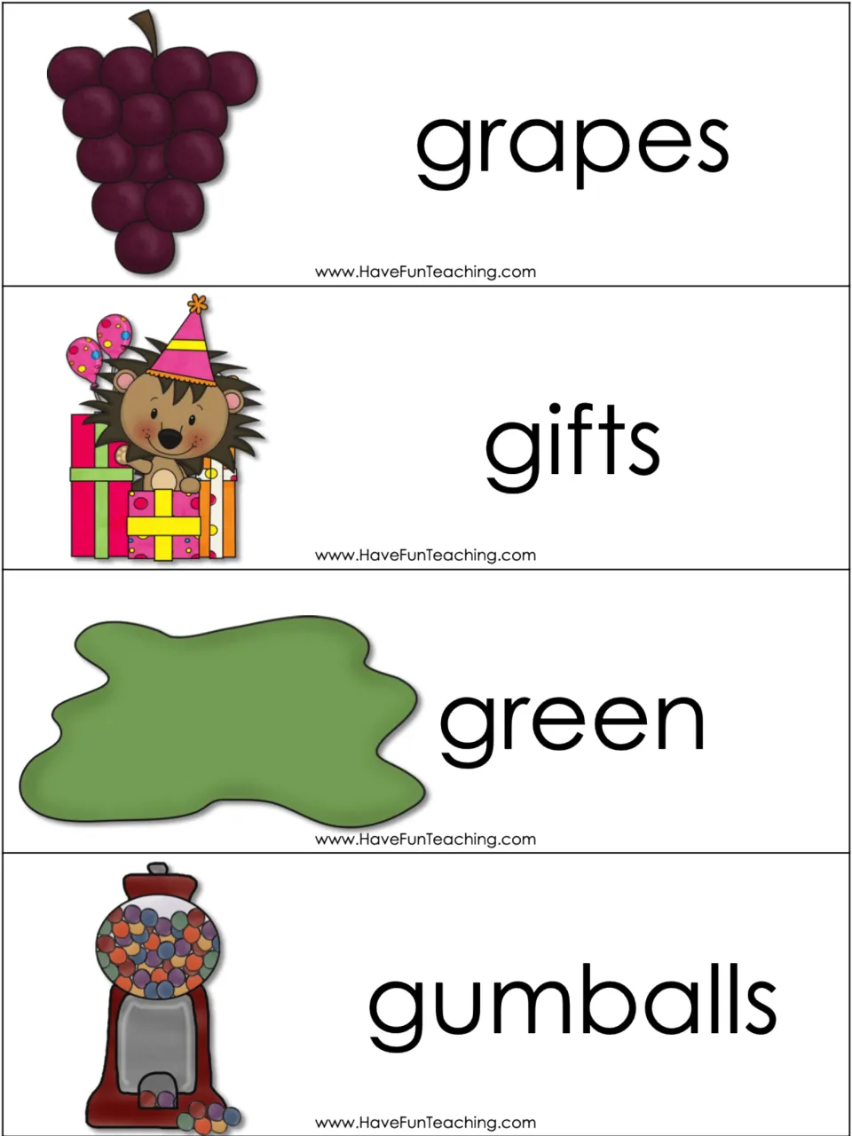Hard g word cards: grapes, gifts, green and gumballs with pictures for students to read and sort under hard g