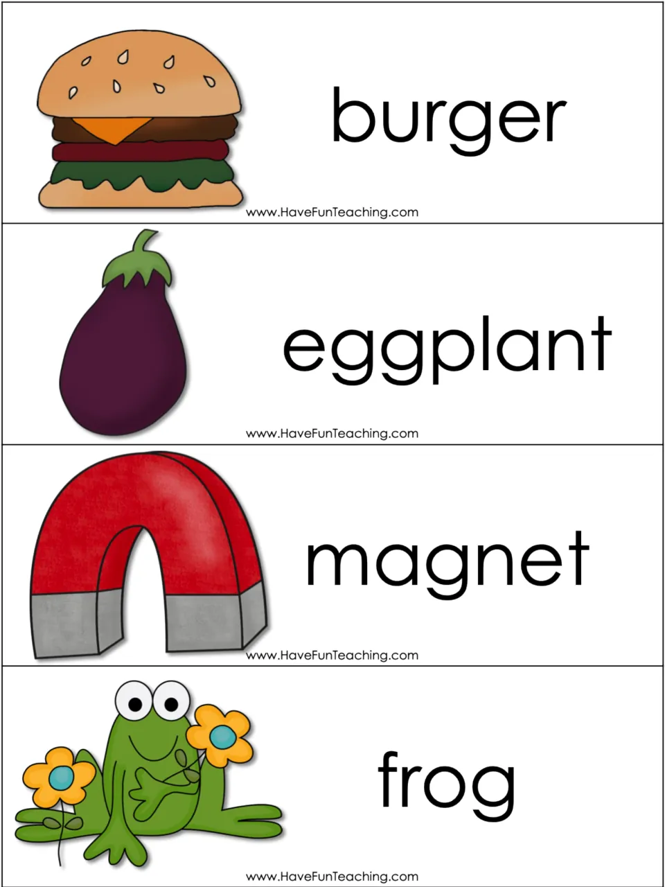 Hard g in the middle or end: burger, eggplant, magnet and frog picture cards for students to read and sort by g sound