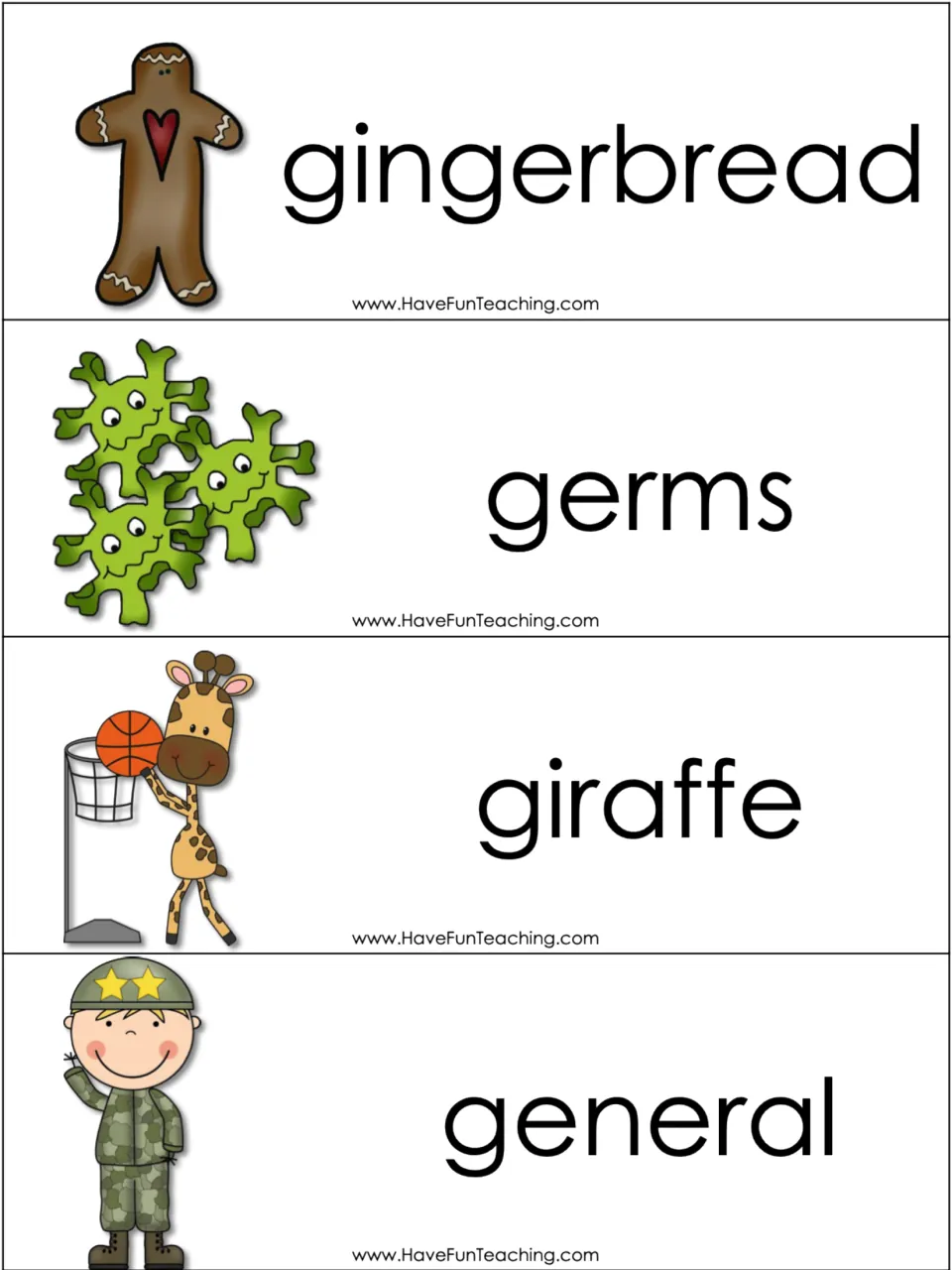 Soft g picture cards: gingerbread, germs, giraffe and general for students to read aloud and place under soft g