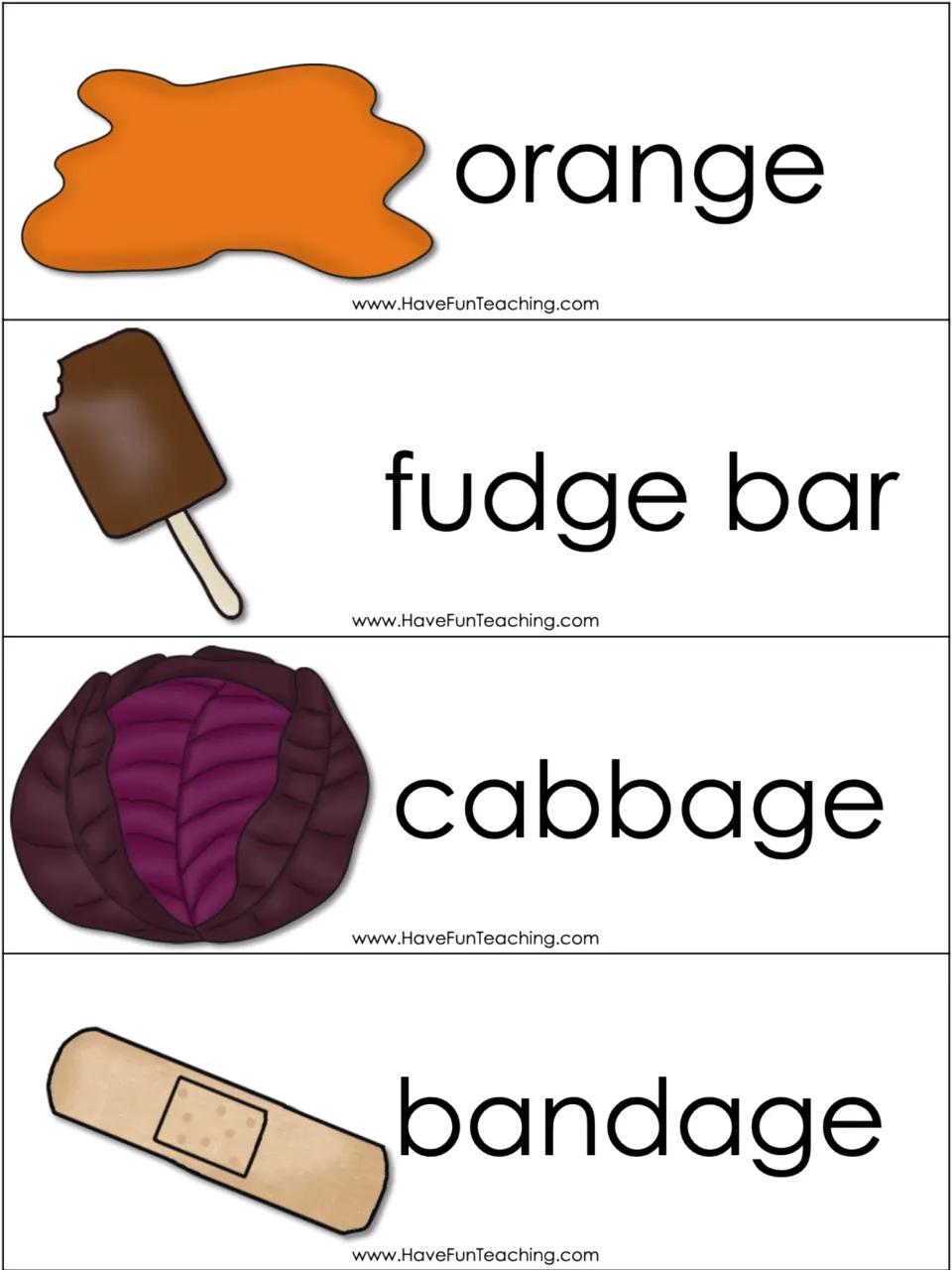 Soft g endings: orange, fudge bar, cabbage and bandage word cards with pictures for sorting by the g sound