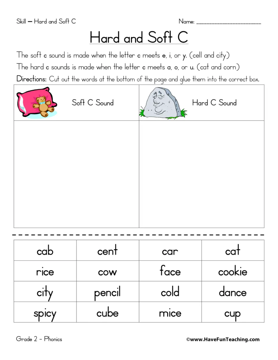 Hard and Soft C sort: students cut out 16 words like cent, cat, city and cup and glue each under Soft C or Hard C Sound