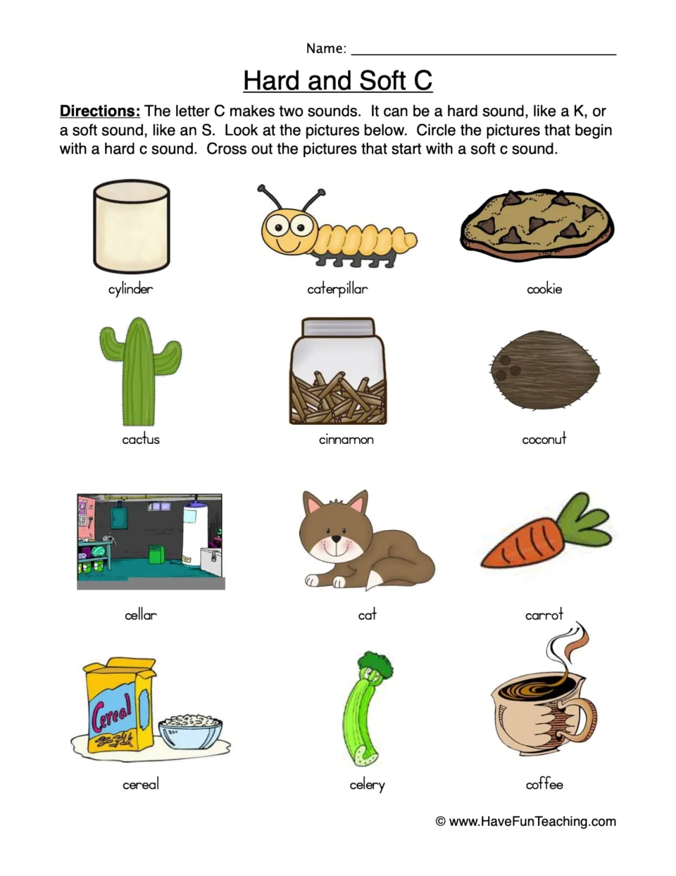 Hard and soft C sounds: students circle 12 pictures starting with hard c, like cat, and cross out soft c, like celery