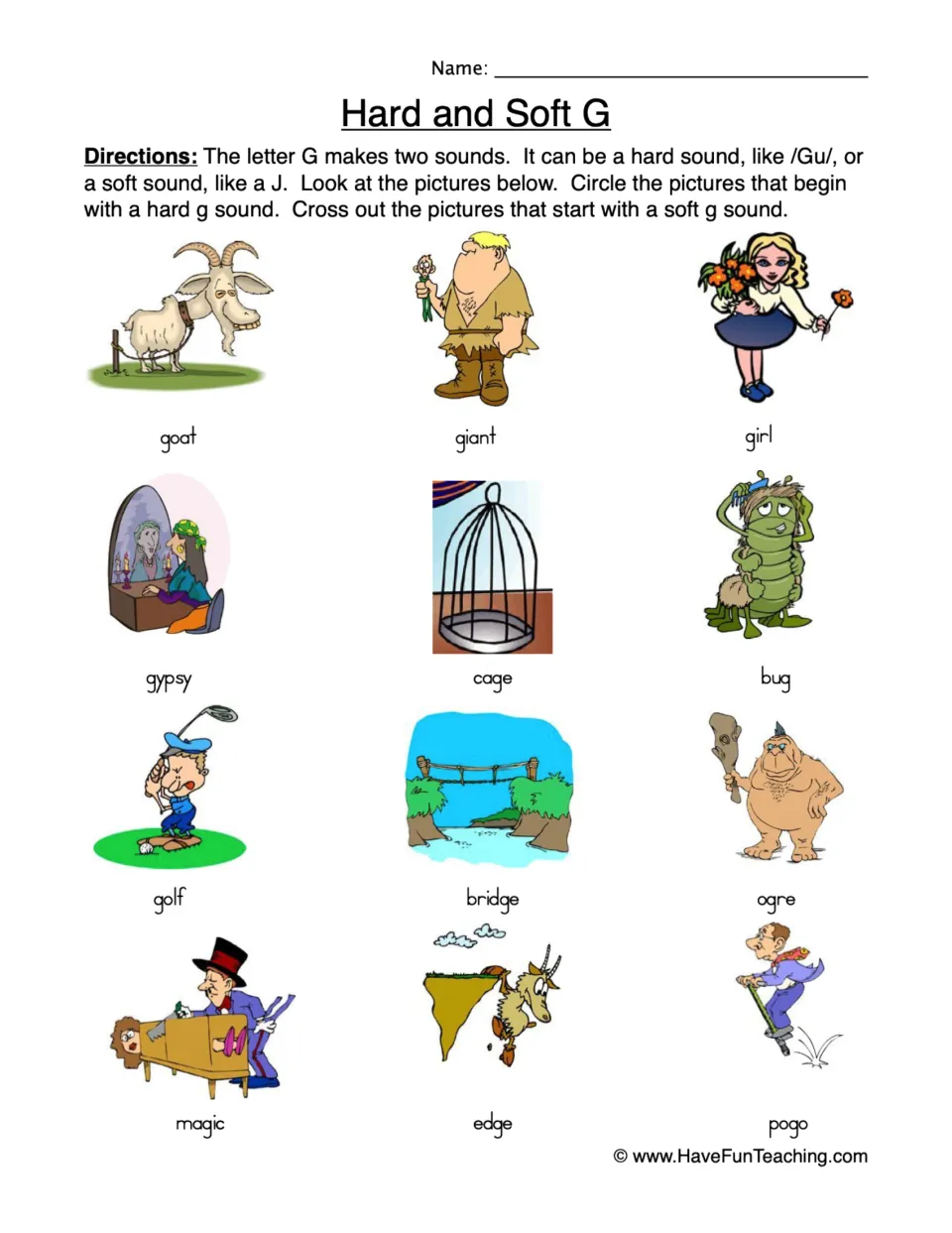 Hard and soft G sounds: students circle pictures with a hard g and cross out soft g ones, e.g. goat, giant, cage
