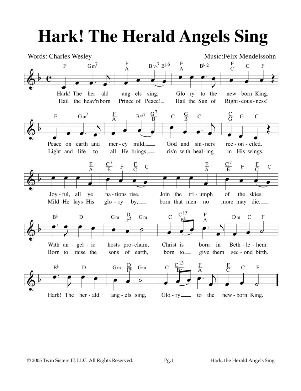 Hark! The Herald Angels Sing melody in F with chord symbols and two verses of lyrics for students to sing or play