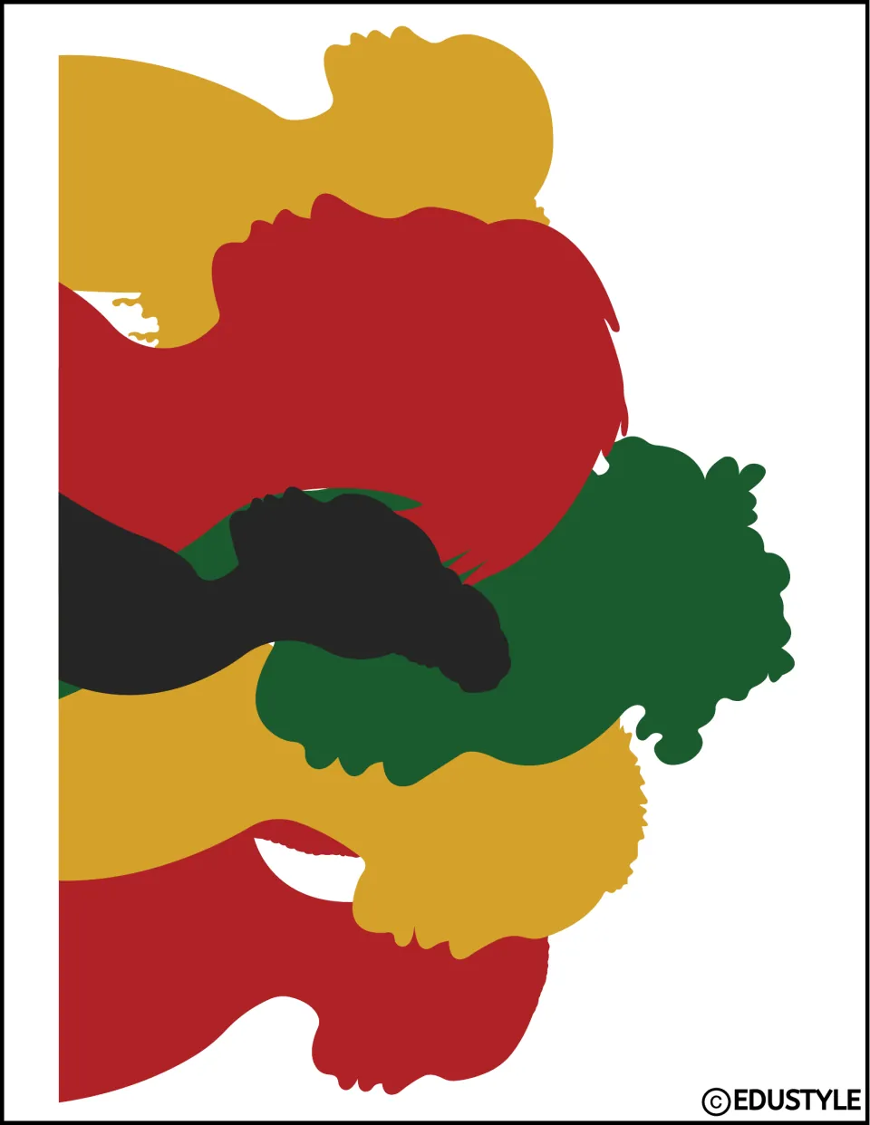 Group silhouette graphic in gold, red, green, and black for the Black History Month bulletin board display