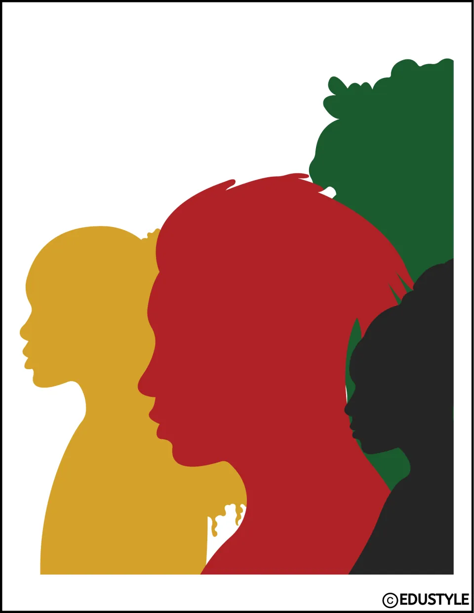 Left section of the enlarged group silhouette decoration, with gold, red, green, and black profiles