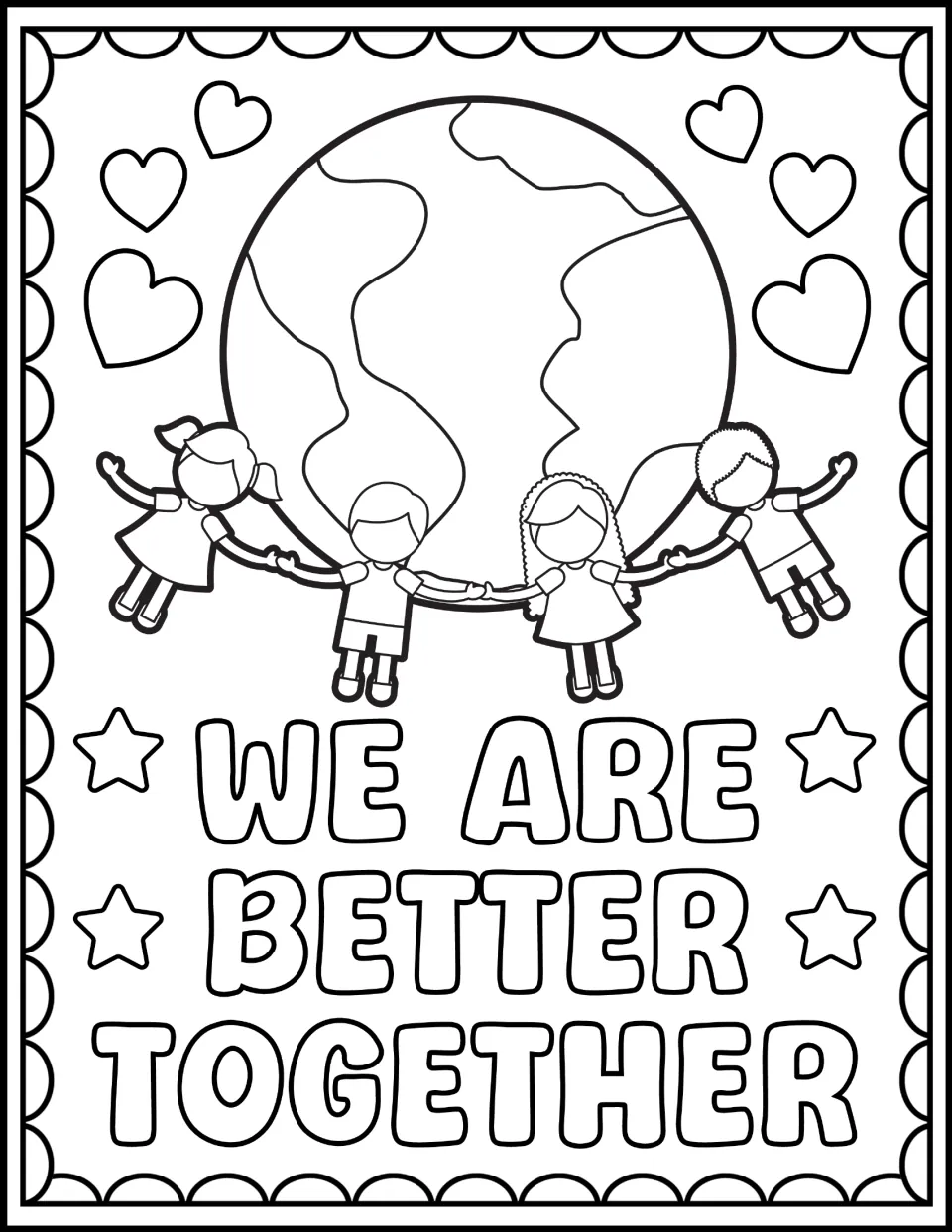 Harmony Week coloring sheet reading 'We Are Better Together,' with four children holding hands around Earth