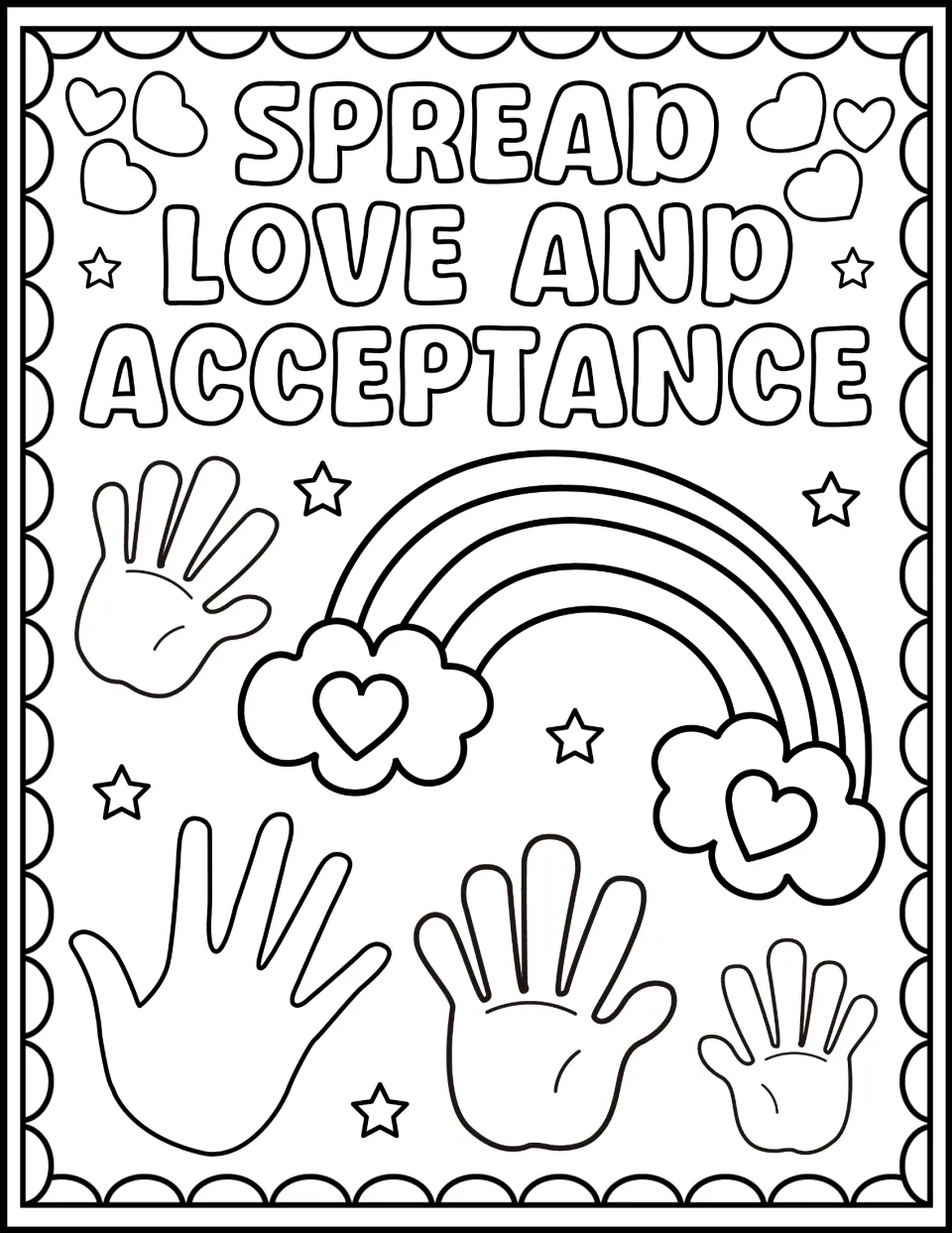 Harmony Week coloring sheet reading 'Spread Love and Acceptance,' with four open hands and a rainbow