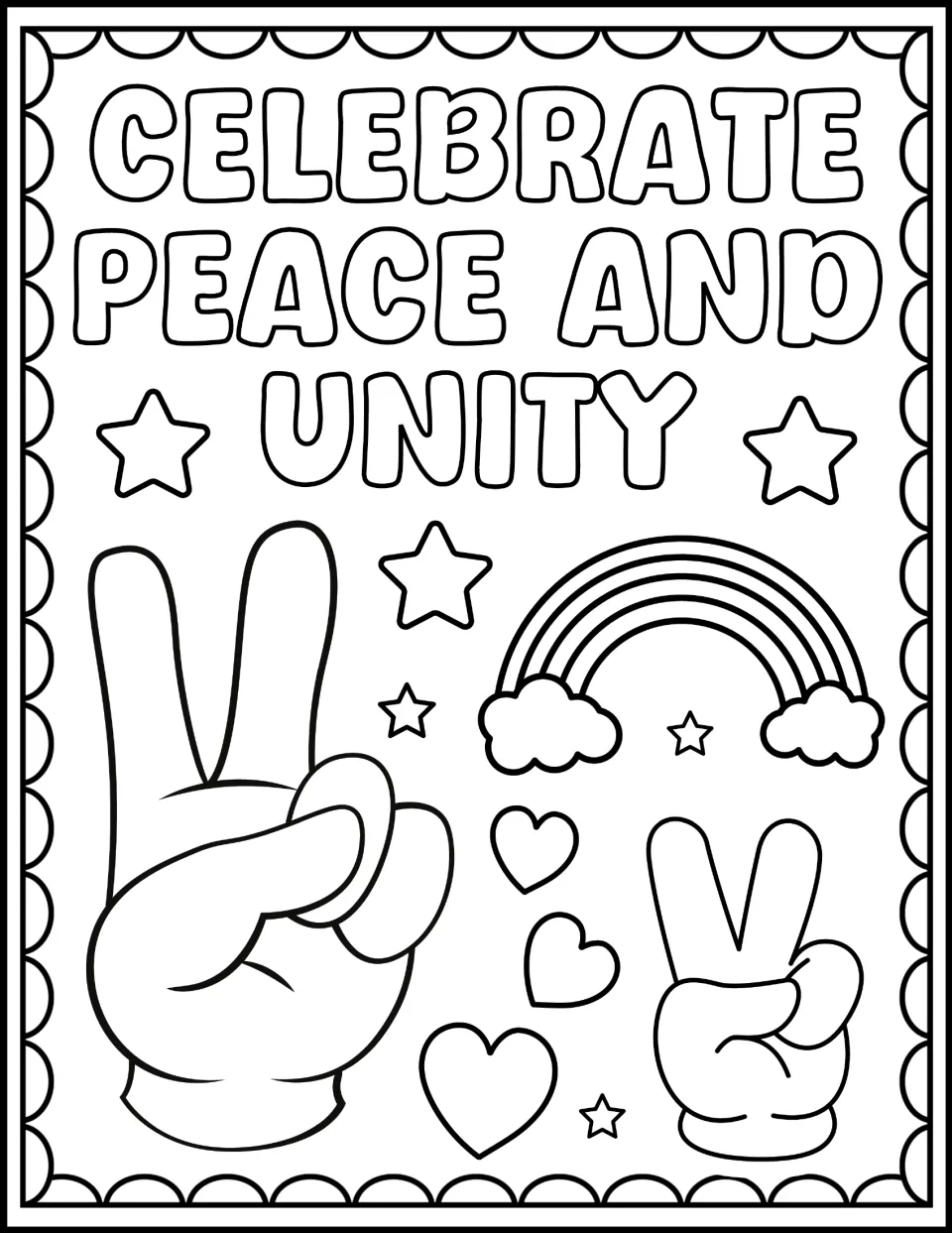 Harmony Week coloring sheet reading 'Celebrate Peace and Unity,' with two peace-sign hands and a rainbow