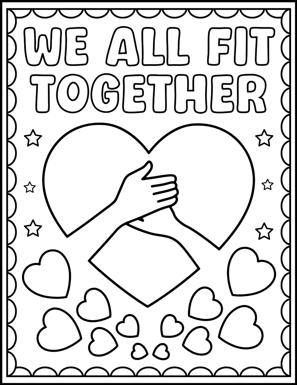 Harmony Week coloring sheet reading 'We All Fit Together,' with two clasped hands across a large heart