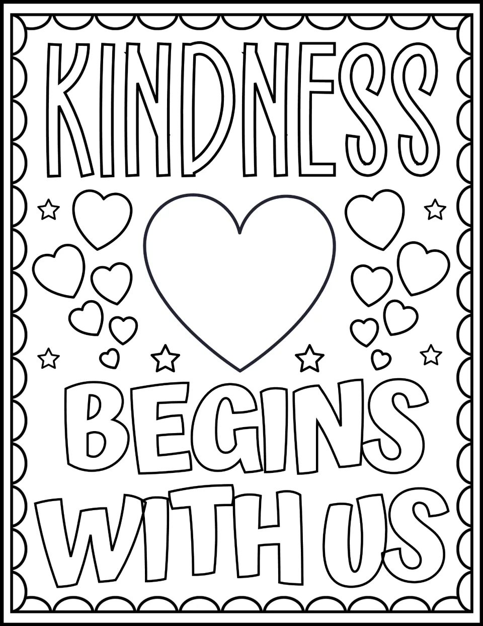 Harmony Week coloring sheet reading 'Kindness Begins With Us,' with a large central heart to color