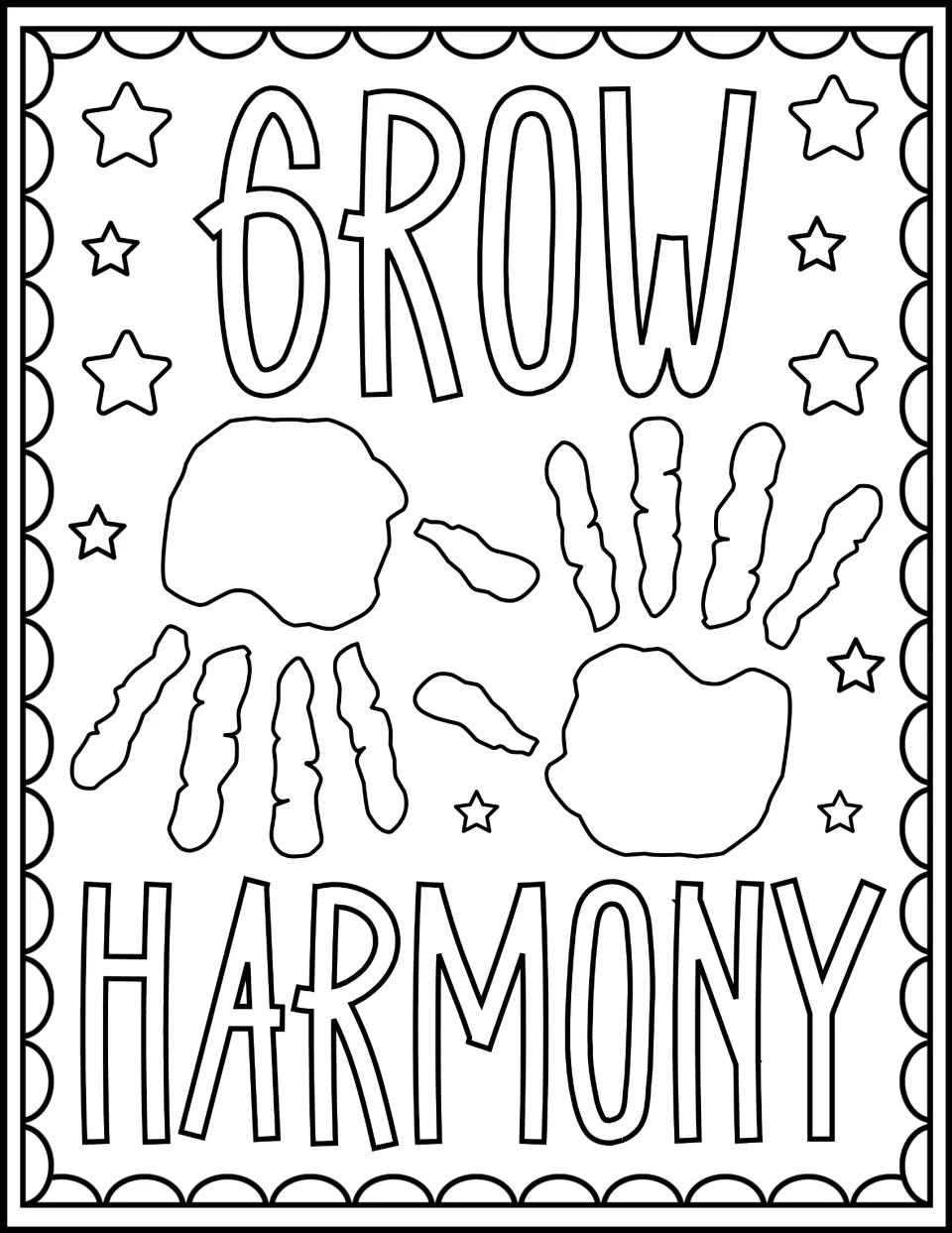 Harmony Week coloring sheet reading 'Grow Harmony,' with two handprint outlines between the words