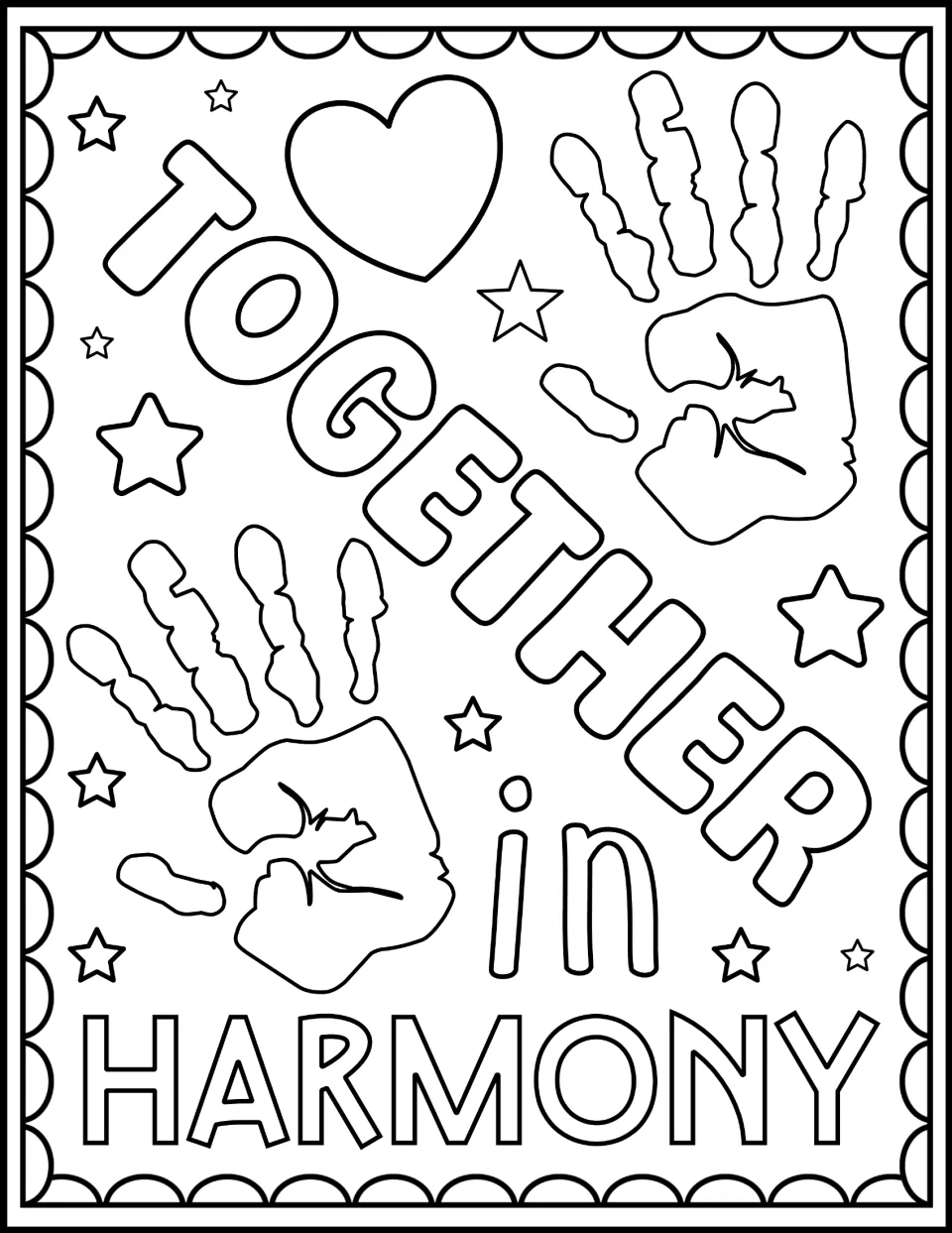 Harmony Week coloring sheet reading 'Together in Harmony,' with two handprints containing face profiles