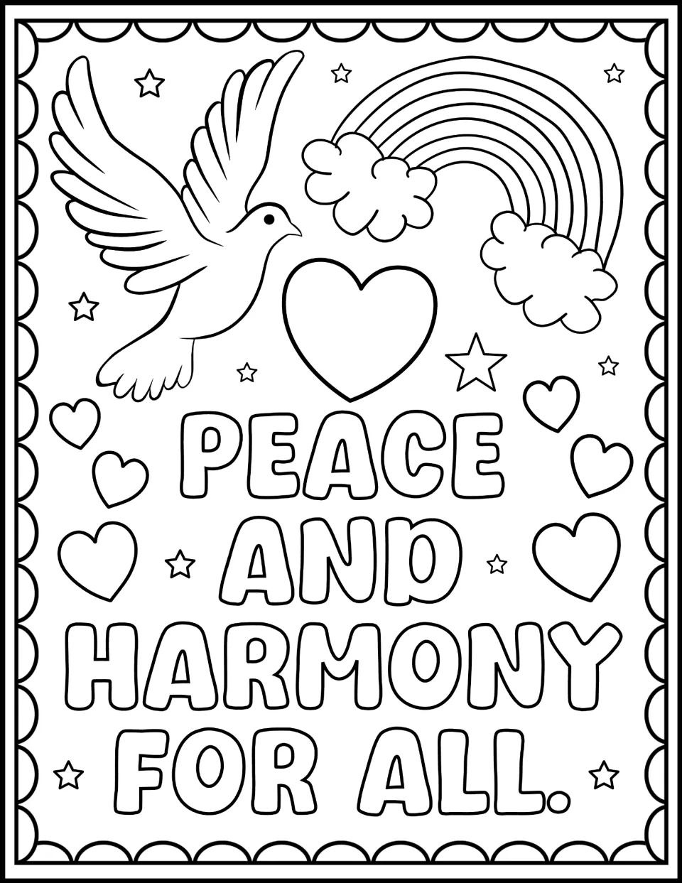 Harmony Week coloring sheet reading 'Peace and Harmony for All,' with a flying dove and a rainbow