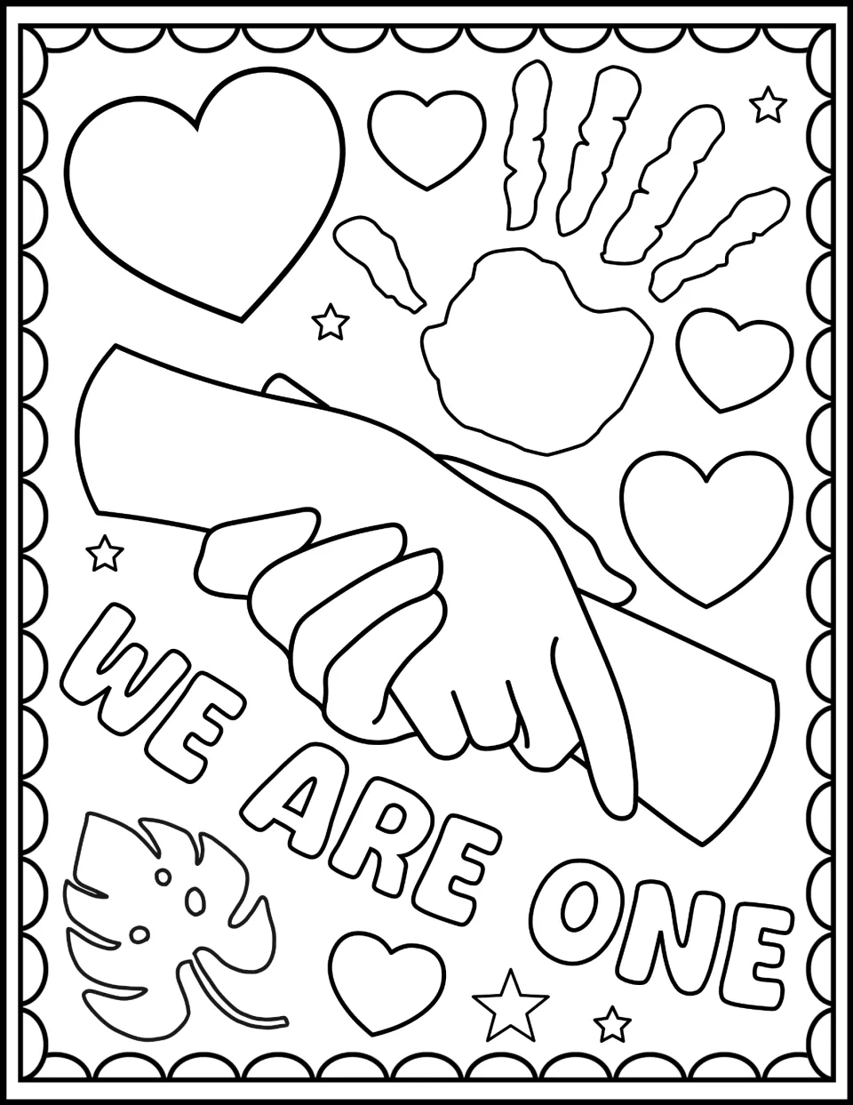 Harmony Week coloring sheet reading 'We Are One,' with two hands clasping each other's wrists and a handprint